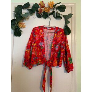 Maison D’Amelie LINEN Tie Front Blouse Womens M Red Floral Abstract Boho Cropped